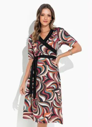 Rosalie - Vestido Abstrato Nude com Faixa - ROSALIE