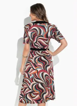 Rosalie - Vestido Abstrato Nude com Faixa - ROSALIE