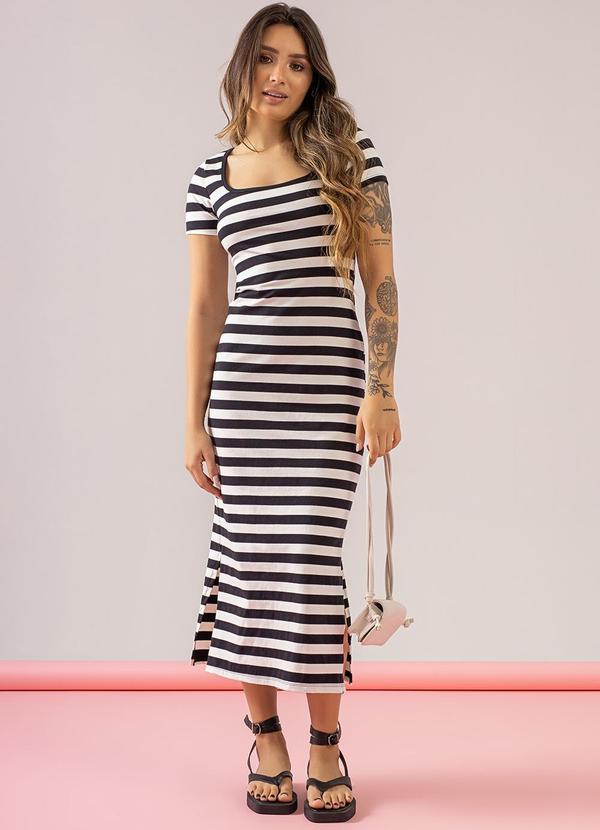 Just Basic - Vestido Adulto Midi Listrado Branco