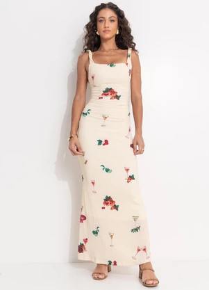 Farm - Vestido Alça Torcida Coquetel Tropical Bege - FARM