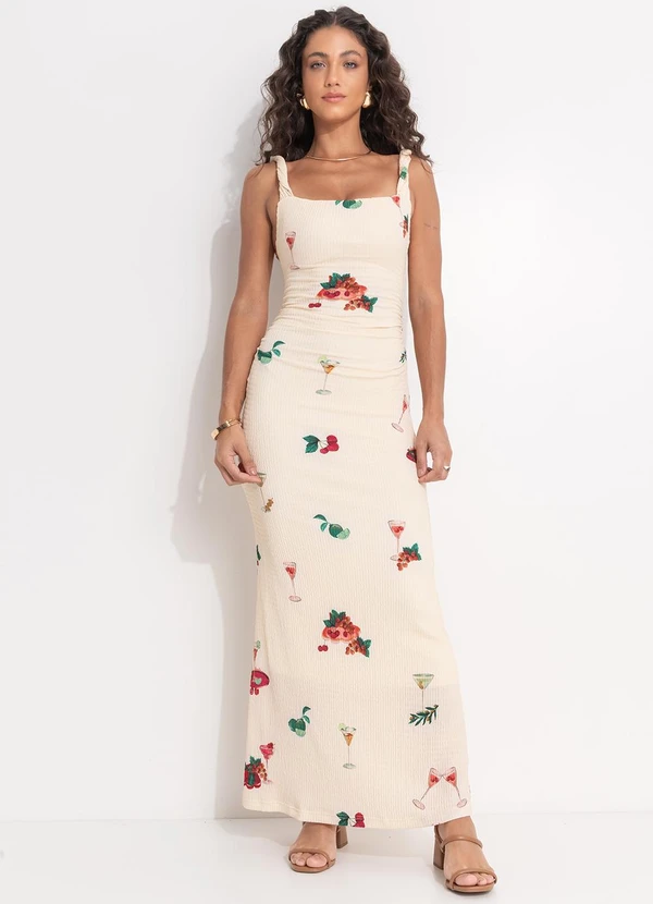 Farm - Vestido Alça Torcida Coquetel Tropical Bege