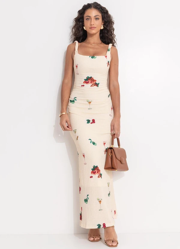 Farm - Vestido Alça Torcida Coquetel Tropical Bege 3