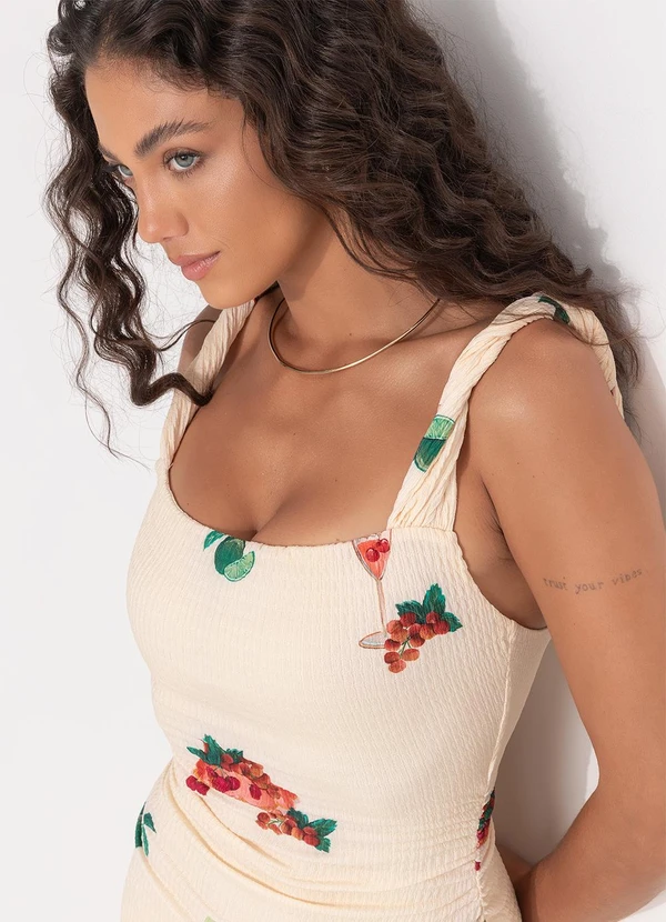 Farm - Vestido Alça Torcida Coquetel Tropical Bege 4