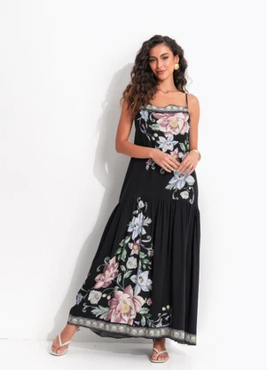 Farm - Vestido Alcinhas Flor de Outono Preto - FARM