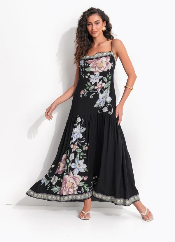 Farm - Vestido Alcinhas Flor de Outono Preto