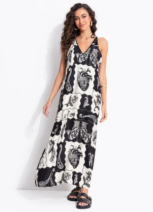 Farm - Vestido Alcinhas Patch Tropical Bege - FARM