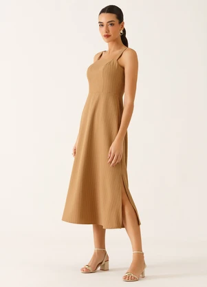 Principessa - Vestido Alfaiataria Midi em Viscose Listrada Camel Tricia - PRINCIPESSA