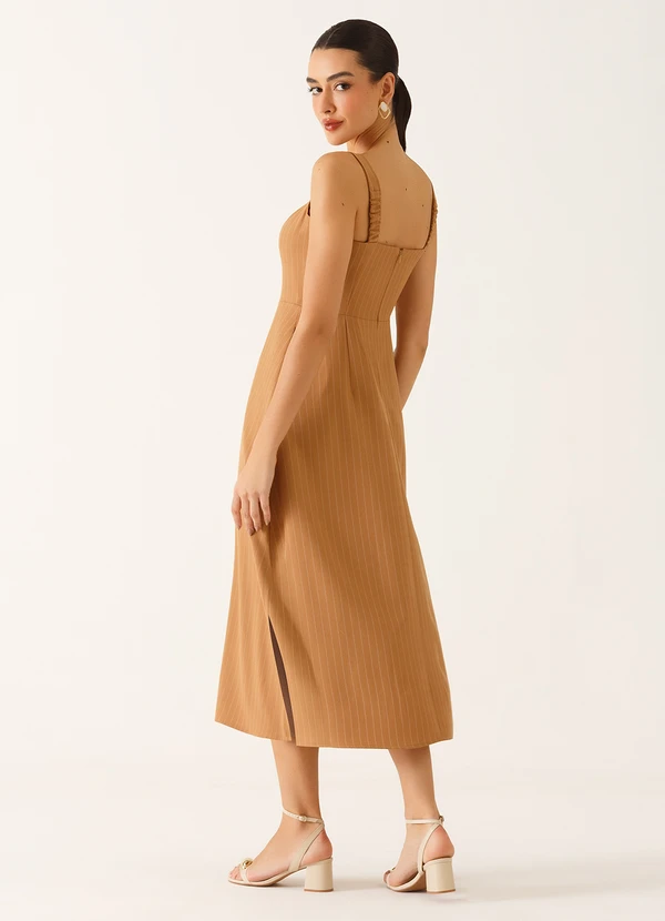 Principessa - Vestido Alfaiataria Midi em Viscose Listrada Camel Tricia 2