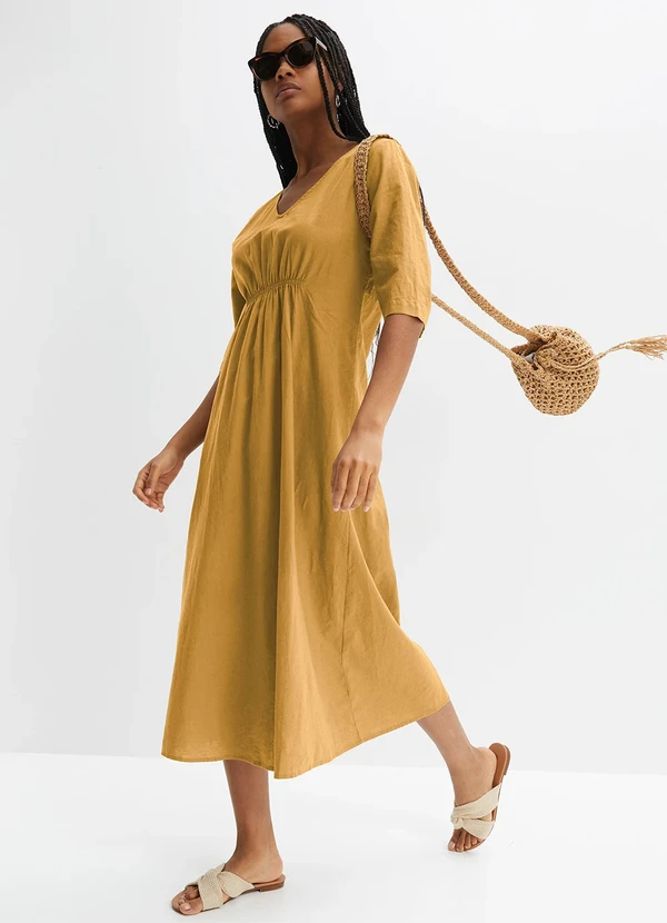 bonprix - Vestido Amarelo Escuro em Linho 3