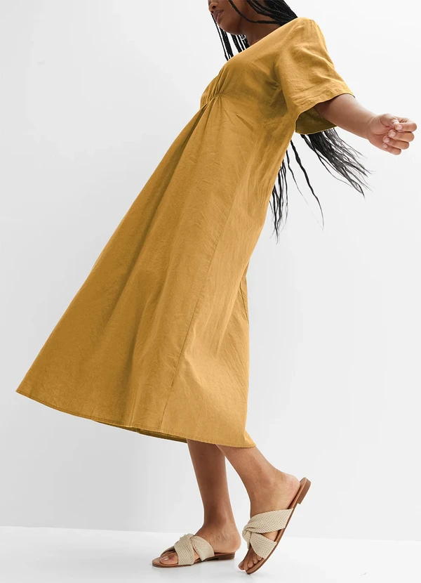 bonprix - Vestido Amarelo Escuro em Linho 4