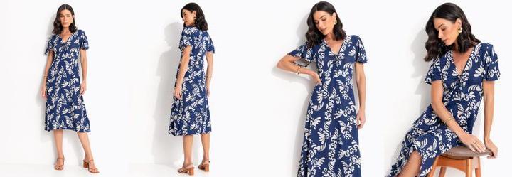 Vestido Arabescos Marinho em Malha de Viscose