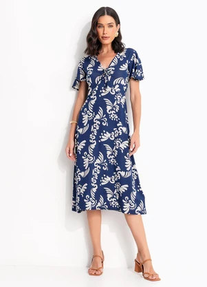 Quintess - Vestido Arabescos Marinho em Malha de Viscose - QUINTESS