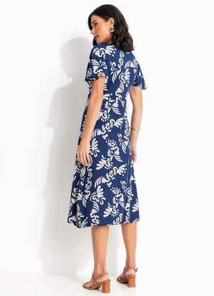 Quintess - Vestido Arabescos Marinho em Malha de Viscose - QUINTESS