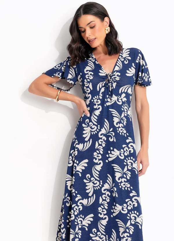 Quintess - Vestido Arabescos Marinho em Malha de Viscose 3