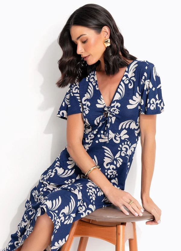 Quintess - Vestido Arabescos Marinho em Malha de Viscose 5