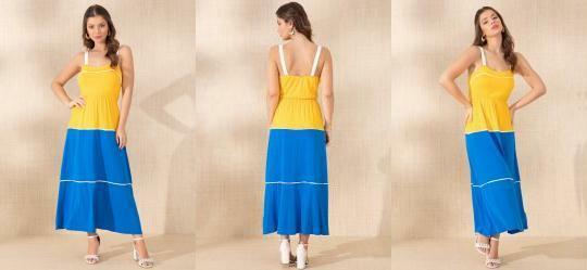 Vestido Azul/Amarelo com Vis Contrastante