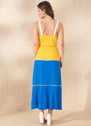 Quintess - Vestido Azul/Amarelo com Viés Contrastante - QUINTESS
