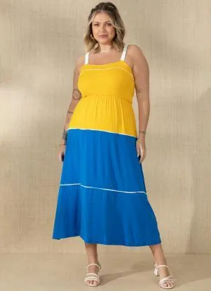 Quintess - Vestido Azul/Amarelo com Viés Contrastante - QUINTESS