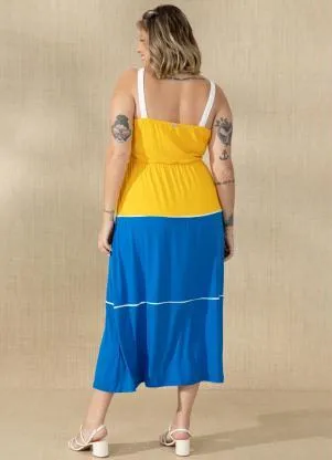 Quintess - Vestido Azul/Amarelo com Viés Contrastante - QUINTESS