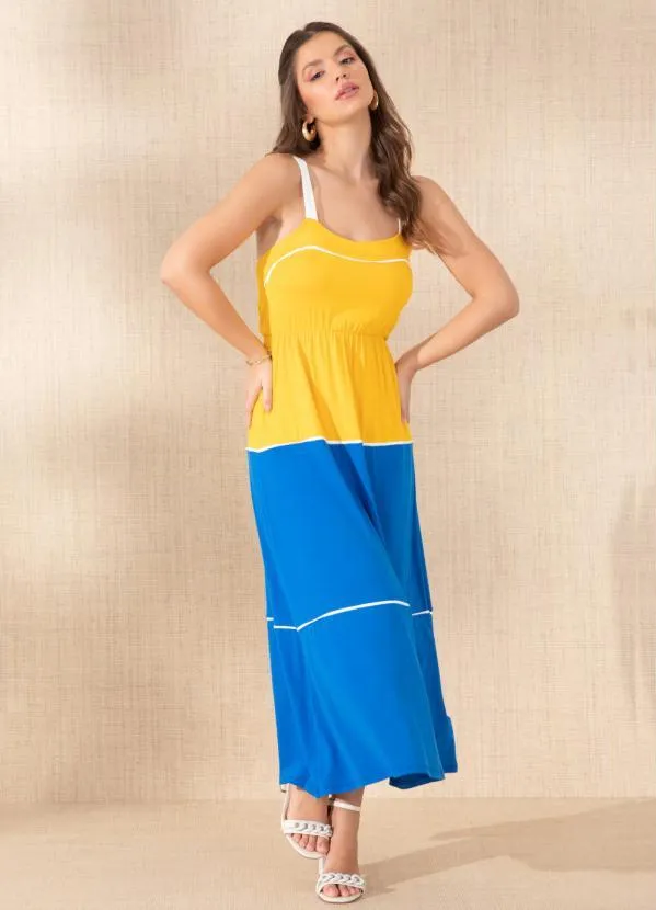 Quintess - Vestido Azul/Amarelo com Viés Contrastante 4
