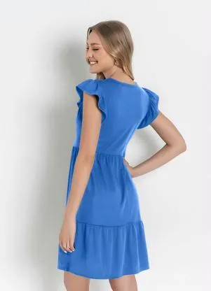 Moda Pop - Vestido Azul com Manga em Babado - MODA POP