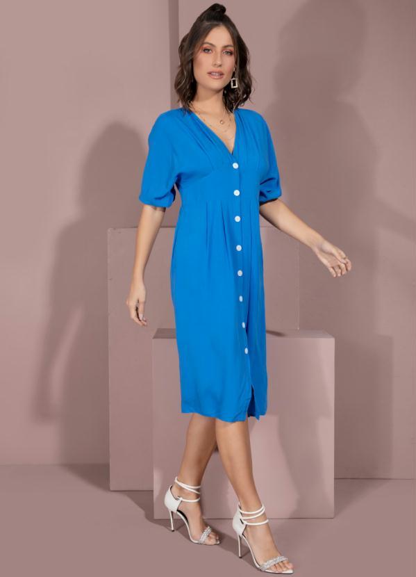 Quintess - Vestido Azul com Pregas no Decote e Bolsos 3