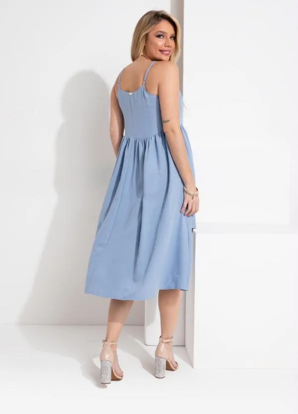 Queima Estoque - Vestido Azul de Alças com Fenda 2
