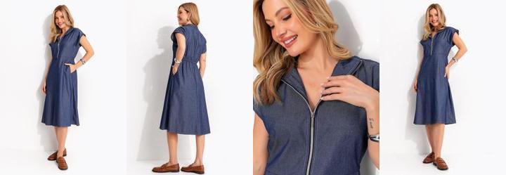 Vestido Midi Jeans Evas� com Z�per Frontal e Gola Alta Azul Escuro