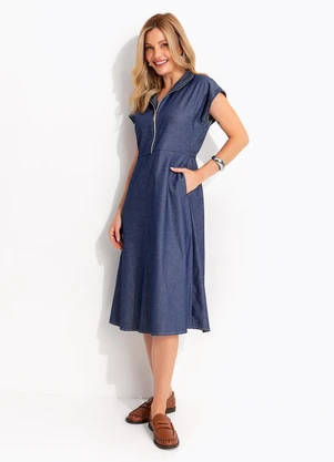 Quintess - Vestido Midi Jeans Evasê com Zíper Frontal e Gola Alta Azul Escuro - QUINTESS
