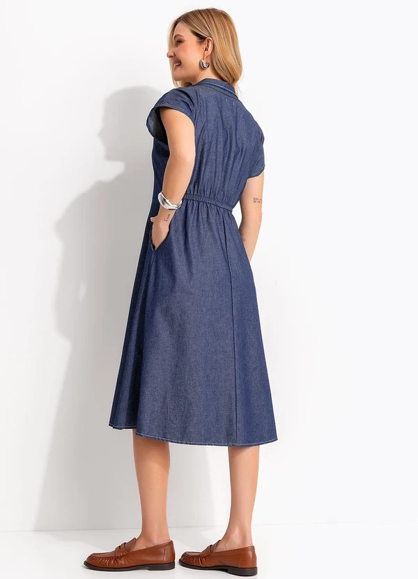 Quintess - Vestido Midi Jeans Evasê com Zíper Frontal e Gola Alta Azul Escuro 5