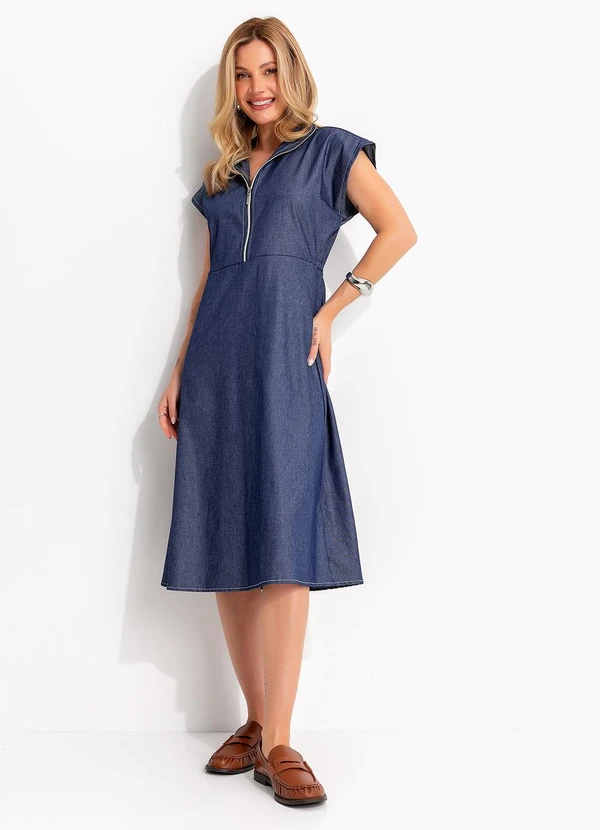 Quintess - Vestido Midi Jeans Evasê com Zíper Frontal e Gola Alta Azul Escuro 2