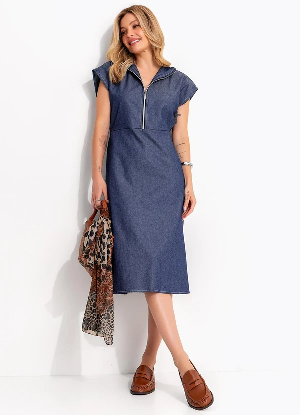 Quintess - Vestido Midi Jeans Evasê com Zíper Frontal e Gola Alta Azul Escuro