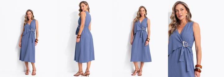 Vestido Azul �ndigo em Crepe Texturizado