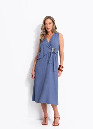 Quintess - Vestido Azul Índigo em Crepe Texturizado - QUINTESS