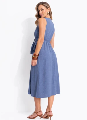 Quintess - Vestido Azul Índigo em Crepe Texturizado - QUINTESS