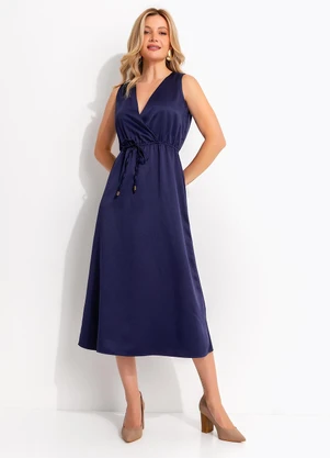 Quintess - Vestido Longuete Acetinado Azul Marinho com Decote Transpassado e Bolsos - QUINTESS