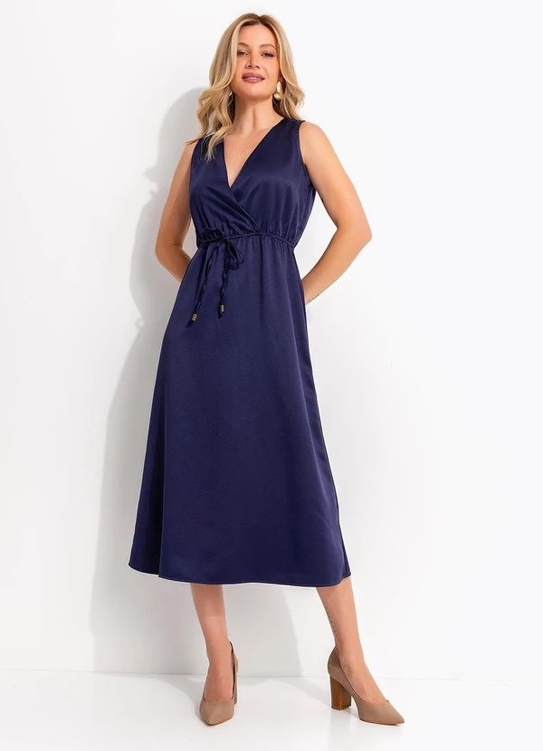 Quintess - Vestido Longuete Acetinado Azul Marinho com Decote Transpassado e Bolsos