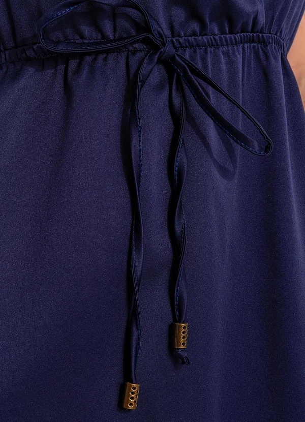 Quintess - Vestido Longuete Acetinado Azul Marinho com Decote Transpassado e Bolsos 5