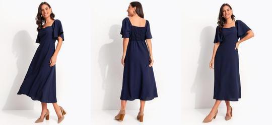 Vestido Azul Marinho em Crepe Plano