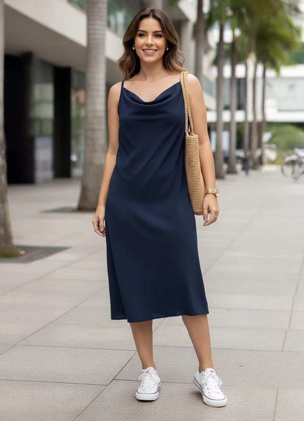 Quintess - Vestido Azul Marinho em Crepe Plano 7