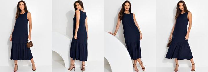 Vestido Azul Marinho em Viscose Plana Sarjada