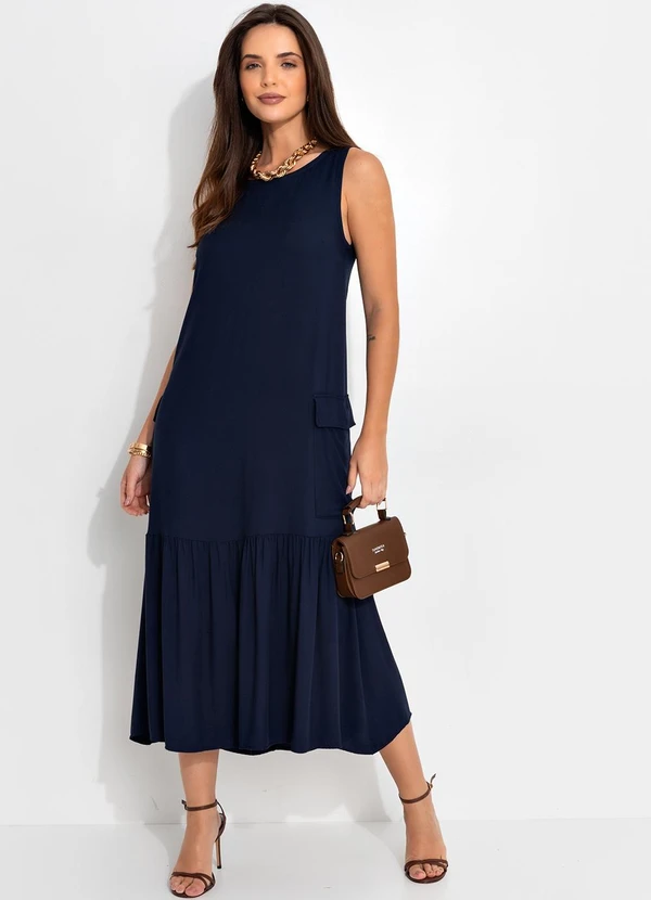 Quintess - Vestido Azul Marinho em Viscose Plana Sarjada