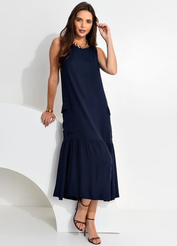 Quintess - Vestido Azul Marinho em Viscose Plana Sarjada 11