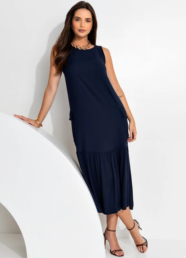 Quintess - Vestido Azul Marinho em Viscose Plana Sarjada 3