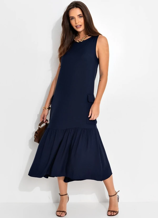 Quintess - Vestido Azul Marinho em Viscose Plana Sarjada 5