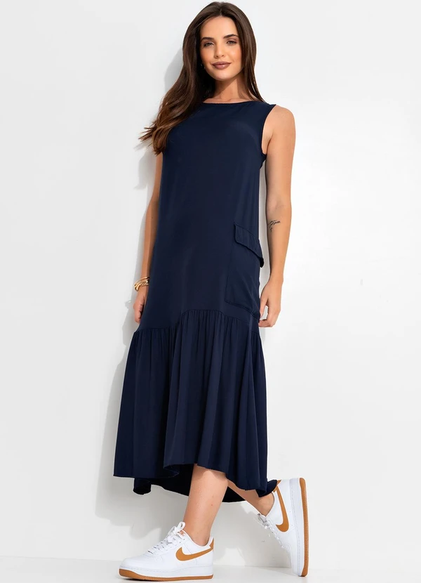 Quintess - Vestido Azul Marinho em Viscose Plana Sarjada 6