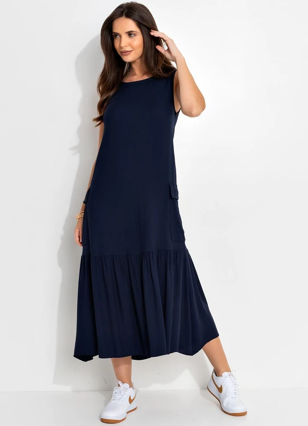 Quintess - Vestido Azul Marinho em Viscose Plana Sarjada 7