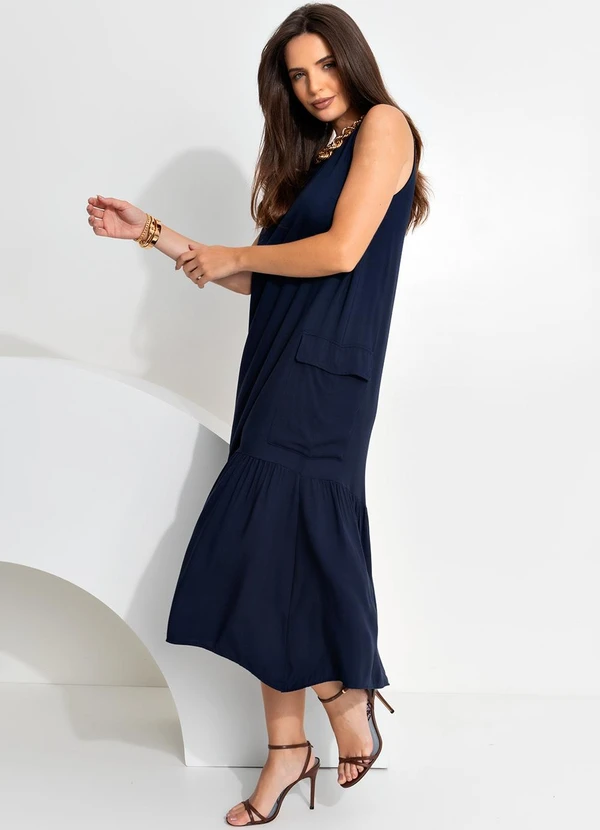 Quintess - Vestido Azul Marinho em Viscose Plana Sarjada 10