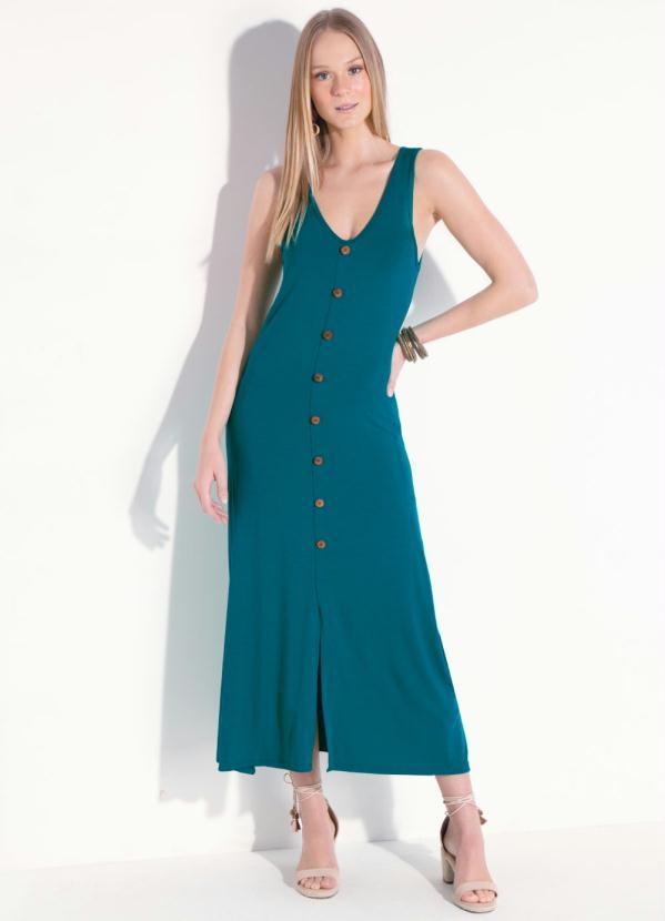 Quintess - Vestido Azul Midi sem Mangas com Botões