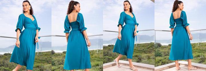 Vestido Azul Petr�leo em Crepe Plano